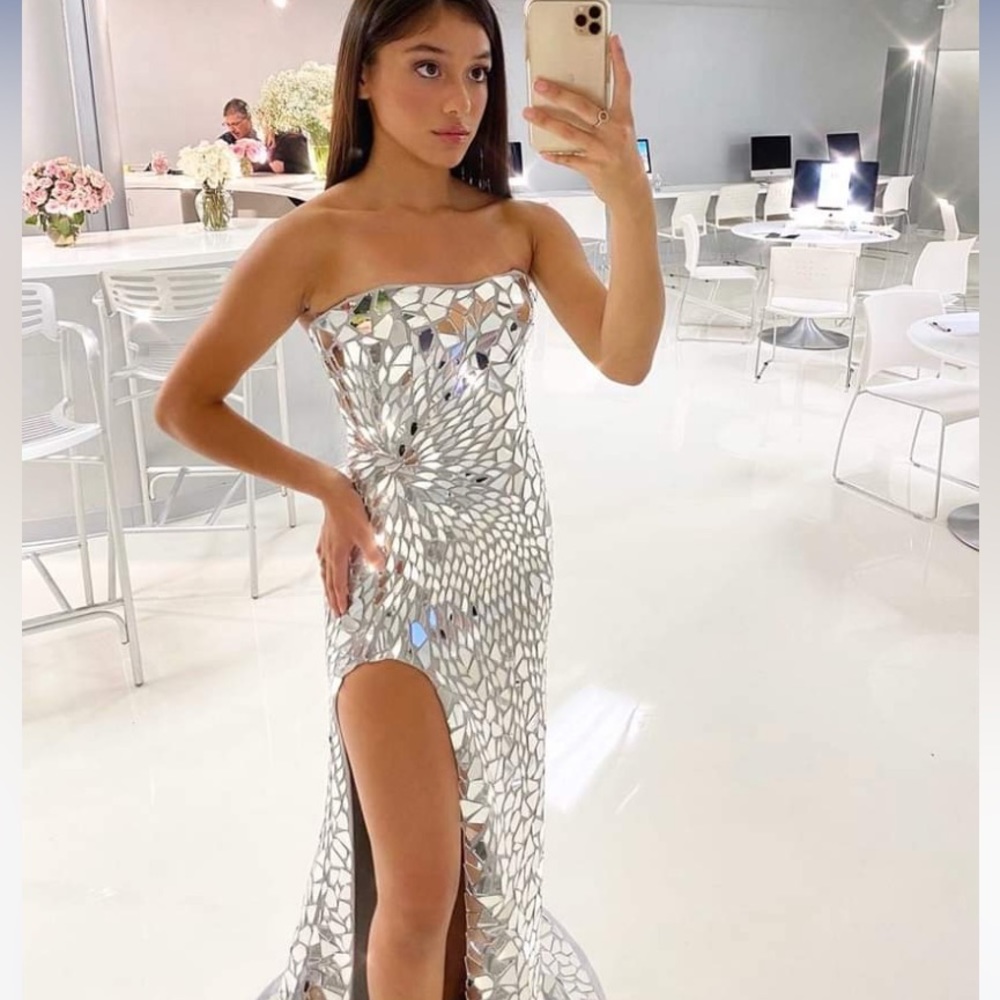 White and silver sherri hill 53474 glass mirrored strapless prom dress